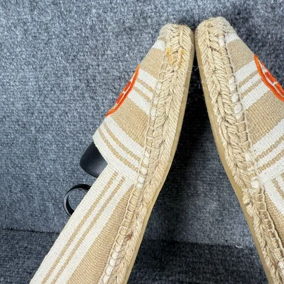 Tory Burch Espadrille Womens 9 Tan Orange Striped Slip On Shoes Logo