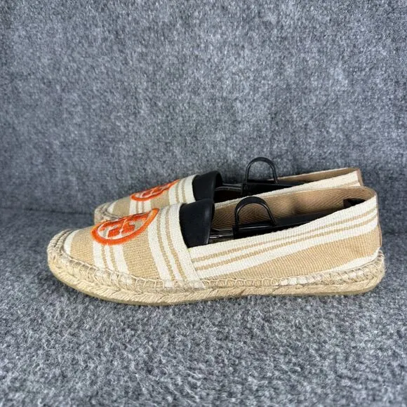 Tory Burch Espadrille Womens 9 Tan Orange Striped Slip On Shoes Logo
