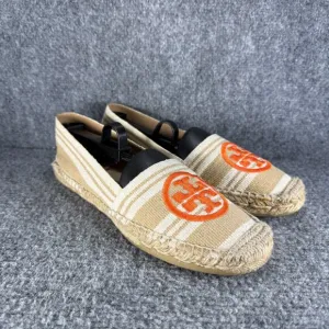 Tory Burch Espadrille Womens 9 Tan Orange Striped Slip On Shoes Logo