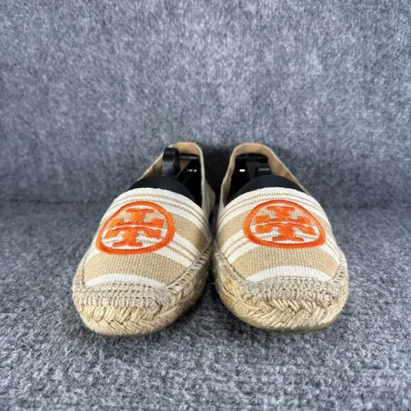 Tory Burch Espadrille Womens 9 Tan Orange Striped Slip On Shoes Logo
