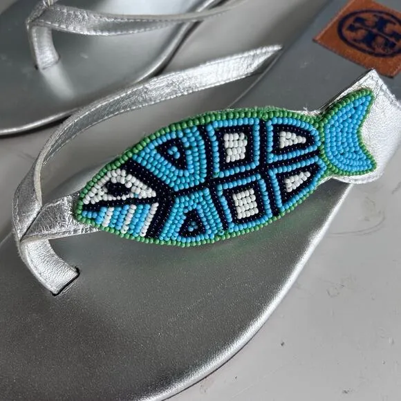 Tory Burch flip-flop slide size 7.5 silver fish beaded ocean mermaid ￼