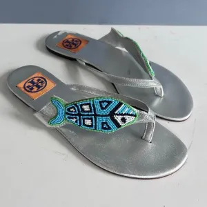 Tory Burch flip-flop slide size 7.5 silver fish beaded ocean mermaid ￼