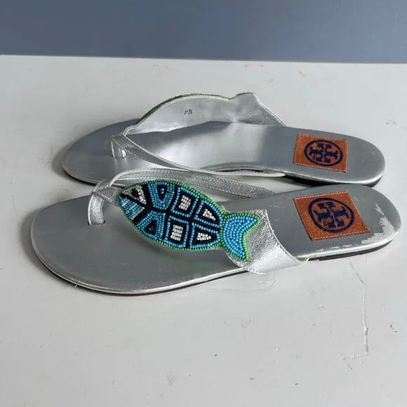 Tory Burch flip-flop slide size 7.5 silver fish beaded ocean mermaid ￼