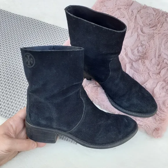 Tory Burch Siena Suede Mid Ankle Boots Leather Booties 6 Black Blogger Fave