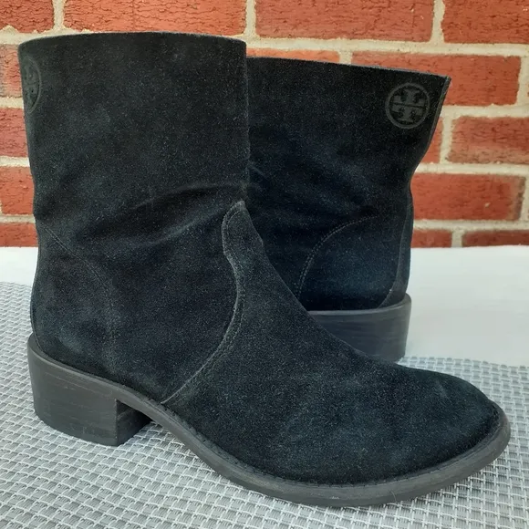 Tory Burch Siena Suede Mid Ankle Boots Leather Booties 6 Black Blogger Fave