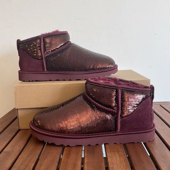 UGG Classic Ultra Mini Mirror Ball Sequins Boots Wild Grape US Women 11/UK9/EU42