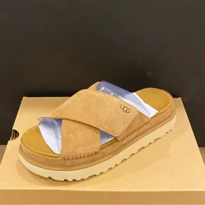 UGG Women's Goldenstar Chestnut Cross Slide Platform Sandals Shoes Flats