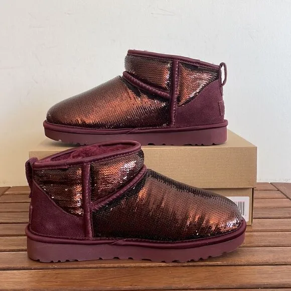 UGG Classic Ultra Mini Mirror Ball Sequins Boots Wild Grape US Women 6/UK4/EU37