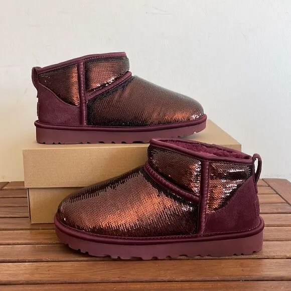 UGG Classic Ultra Mini Mirror Ball Sequins Boots Wild Grape US Women 6/UK4/EU37