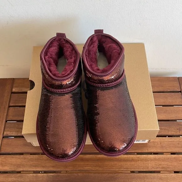 UGG Classic Ultra Mini Mirror Ball Sequins Boots Wild Grape US Women 6/UK4/EU37