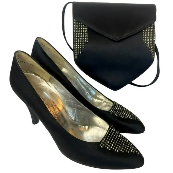 Vintage Charles Jourdan Heels Size 9 Black Satin Rhinestone w/Matching Purse