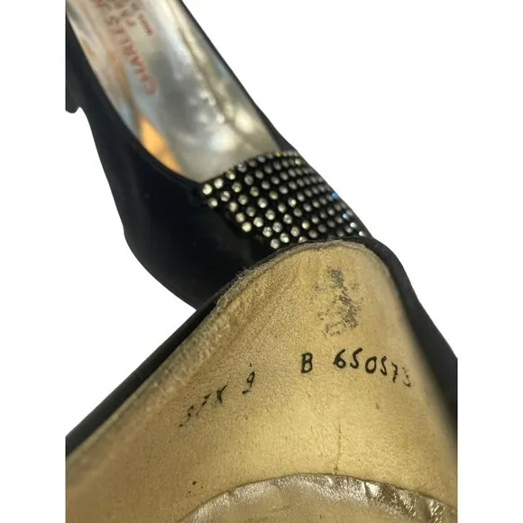 Vintage Charles Jourdan Heels Size 9 Black Satin Rhinestone w/Matching Purse