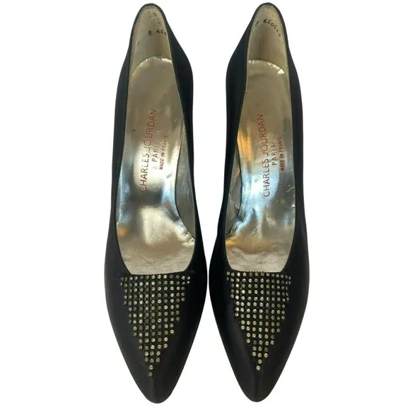 Vintage Charles Jourdan Heels Size 9 Black Satin Rhinestone w/Matching Purse