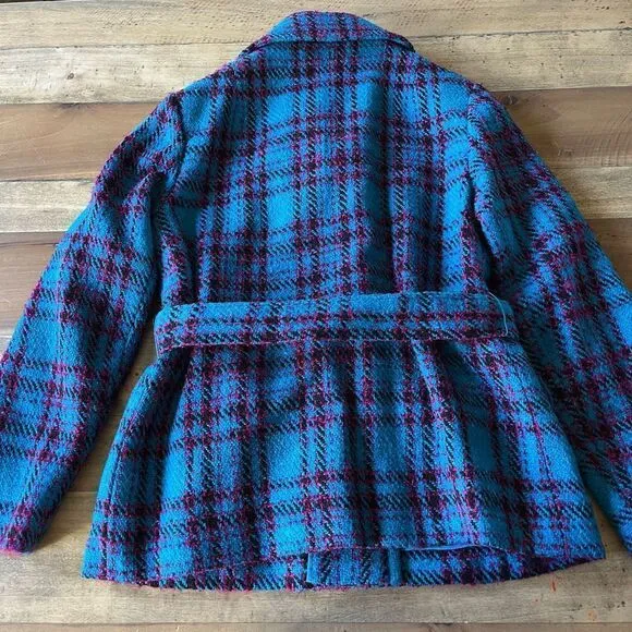 Vintage Teal Plaid Tweed Belted Jacket in Hand Tailored in 1969 by Sherman’s Inc