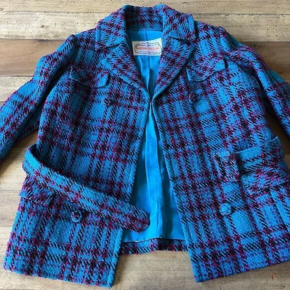 Vintage Teal Plaid Tweed Belted Jacket in Hand Tailored in 1969 by Sherman’s Inc
