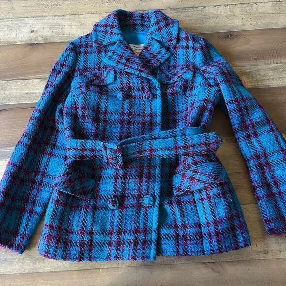 Vintage Teal Plaid Tweed Belted Jacket in Hand Tailored in 1969 by Sherman’s Inc