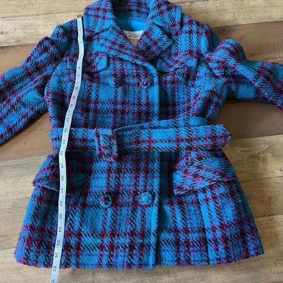 Vintage Teal Plaid Tweed Belted Jacket in Hand Tailored in 1969 by Sherman’s Inc