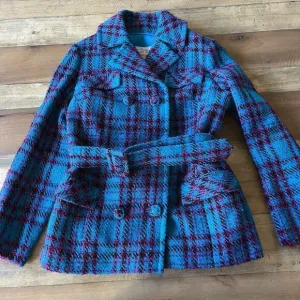 Vintage Teal Plaid Tweed Belted Jacket in Hand Tailored in 1969 by Sherman’s Inc