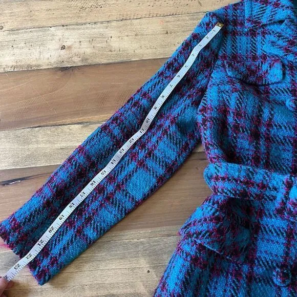 Vintage Teal Plaid Tweed Belted Jacket in Hand Tailored in 1969 by Sherman’s Inc
