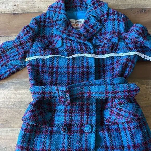 Vintage Teal Plaid Tweed Belted Jacket in Hand Tailored in 1969 by Sherman’s Inc