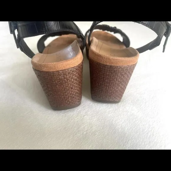 Vionic Aileen Croco Black Leather Wedge Buckle Sandals 9W