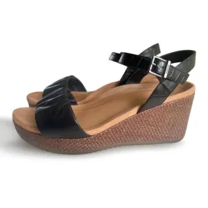 Vionic Aileen Croco Black Leather Wedge Buckle Sandals 9W