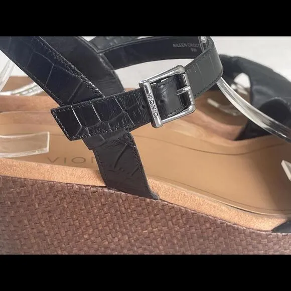 Vionic Aileen Croco Black Leather Wedge Buckle Sandals 9W