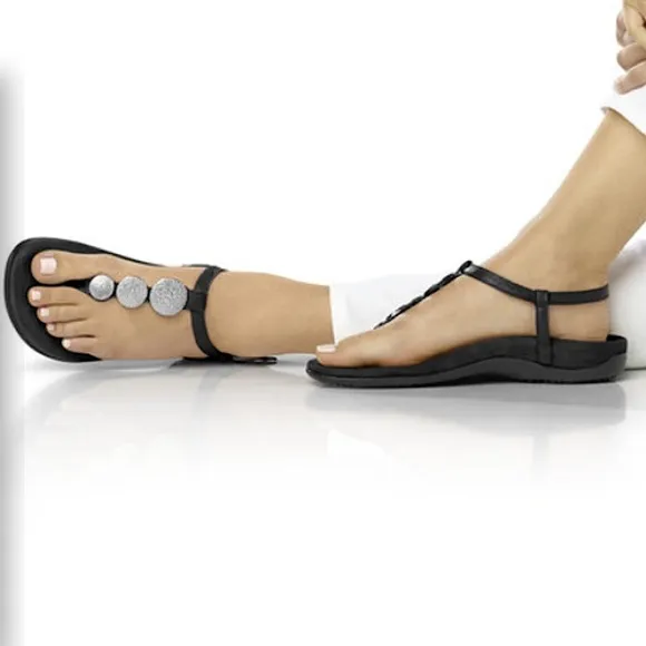 Vionic Lizbeth T-Strap Orthotic Sandal Pewter Metal Nappa Black 9.5 Wide