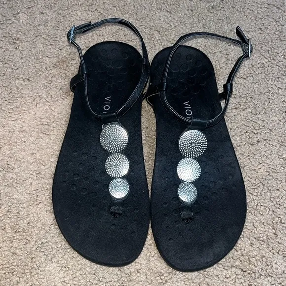 Vionic Lizbeth T-Strap Orthotic Sandal Pewter Metal Nappa Black 9.5 Wide