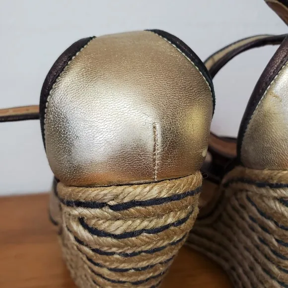 VTG Lanvin Metallic Gold Brown Leather Wedge Sandals Platform Espadrilles