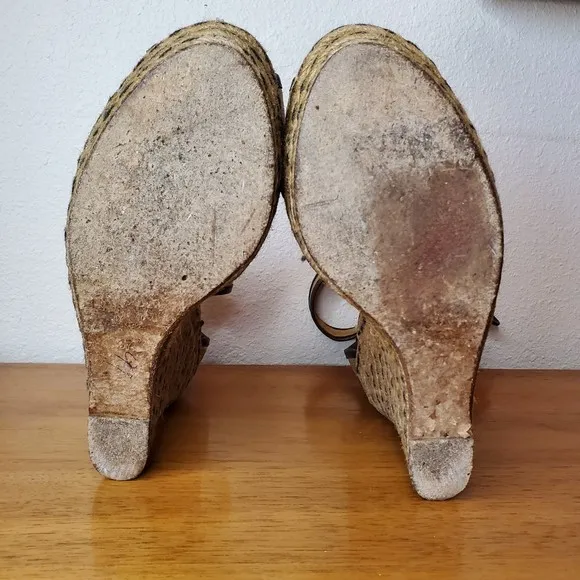 VTG Lanvin Metallic Gold Brown Leather Wedge Sandals Platform Espadrilles