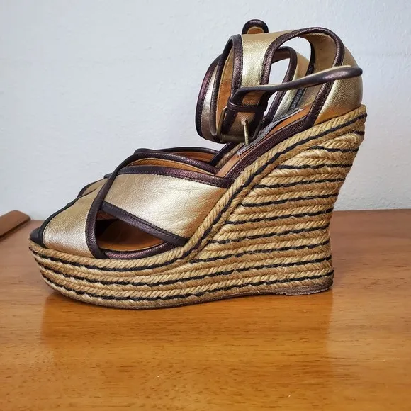VTG Lanvin Metallic Gold Brown Leather Wedge Sandals Platform Espadrilles