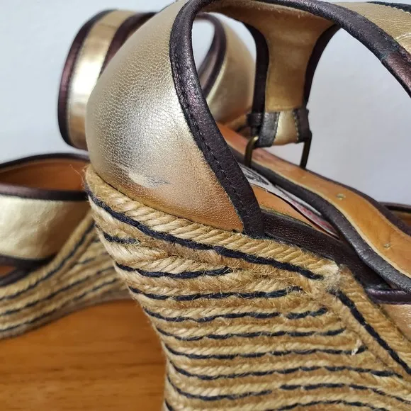 VTG Lanvin Metallic Gold Brown Leather Wedge Sandals Platform Espadrilles