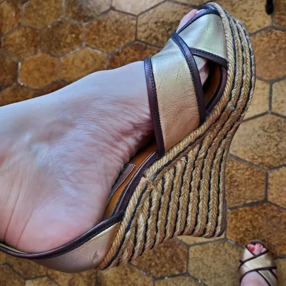 VTG Lanvin Metallic Gold Brown Leather Wedge Sandals Platform Espadrilles