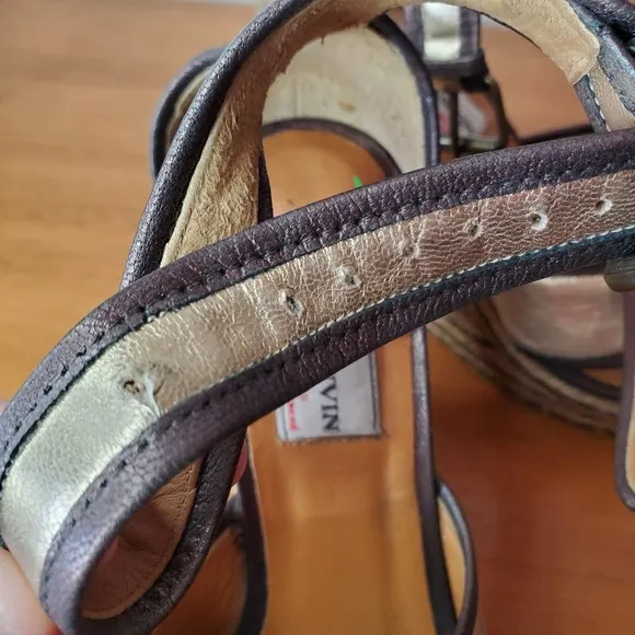 VTG Lanvin Metallic Gold Brown Leather Wedge Sandals Platform Espadrilles