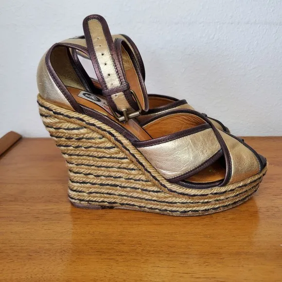 VTG Lanvin Metallic Gold Brown Leather Wedge Sandals Platform Espadrilles