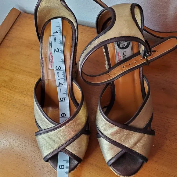 VTG Lanvin Metallic Gold Brown Leather Wedge Sandals Platform Espadrilles