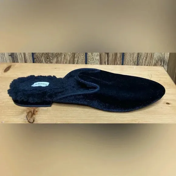 Woman BIRDIES Phoebe Black Velvet Furry Slip On Backless Mules Shoes Sz 7 EUC