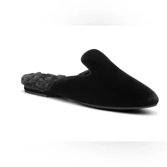 Woman BIRDIES Phoebe Black Velvet Furry Slip On Backless Mules Shoes Sz 7 EUC