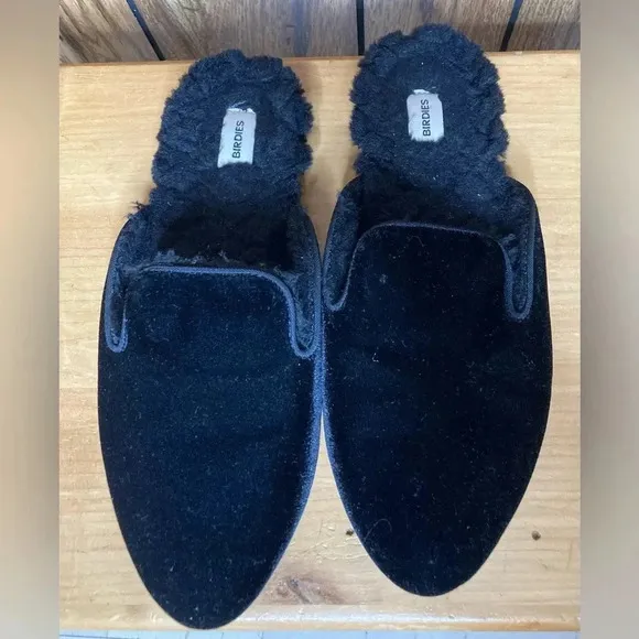 Woman BIRDIES Phoebe Black Velvet Furry Slip On Backless Mules Shoes Sz 7 EUC