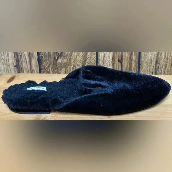 Woman BIRDIES Phoebe Black Velvet Furry Slip On Backless Mules Shoes Sz 7 EUC