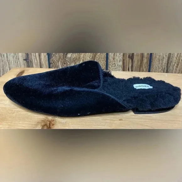 Woman BIRDIES Phoebe Black Velvet Furry Slip On Backless Mules Shoes Sz 7 EUC