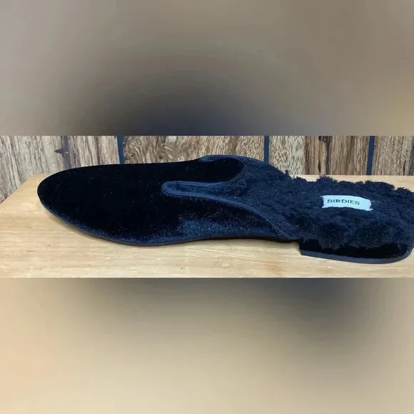 Woman BIRDIES Phoebe Black Velvet Furry Slip On Backless Mules Shoes Sz 7 EUC
