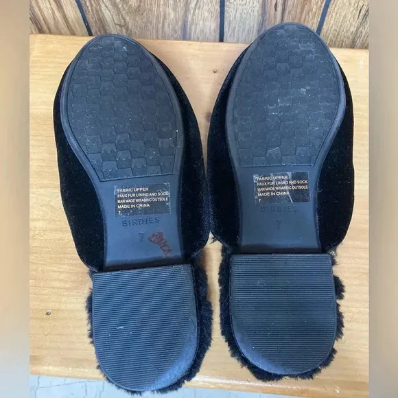 Woman BIRDIES Phoebe Black Velvet Furry Slip On Backless Mules Shoes Sz 7 EUC